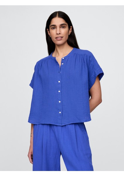 Kadın Mavi Crinkle Gauze Gömlek