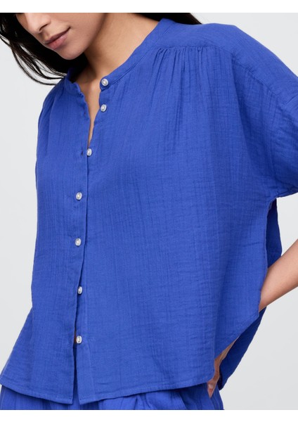 Kadın Mavi Crinkle Gauze Gömlek modelleri