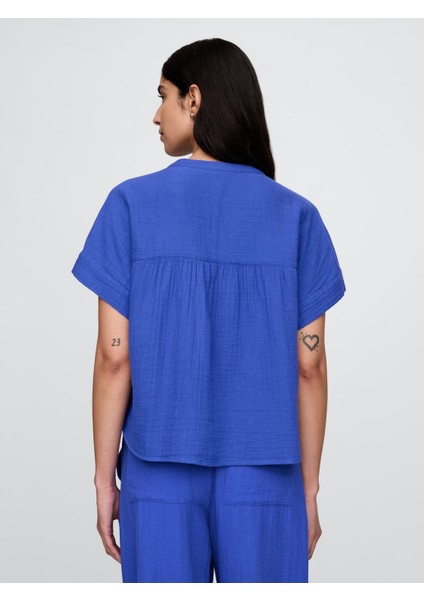 Kadın Mavi Crinkle Gauze Gömlek indirimleri