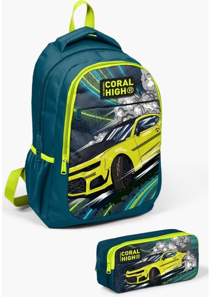 Kids Nefti Fosforlu Sarı Araba Desenli 2'Li Okul Çanta Seti Set0214406
