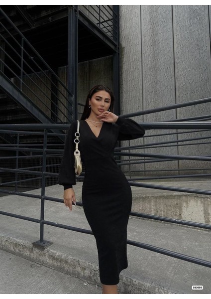 Kadın Uzun Kollu Kruvaze Yaka Büzgü ve Balon Kol Detay Krep Kumaş Maxi Boy Elbise