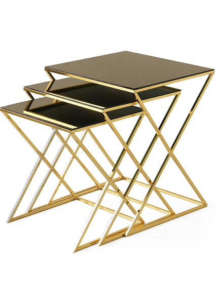 x Zigon Sehpa Bronz Cam 3'lü Set, Gold Metal Ayak, Iç Içe Geçebilir