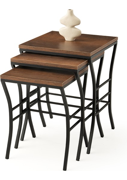 Eyfel Zigon Sehpa Barok Ceviz Desen 3'lü Set, Siyah Metal Ayak, Iç Içe Geçebilir