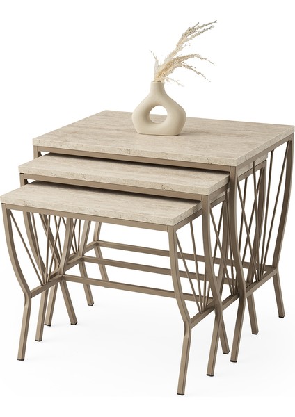 Yelpaze Zigon Sehpa Sidon Desen 3'lü Set, Cappicino Metal Ayak, Iç Içe Geçebilir