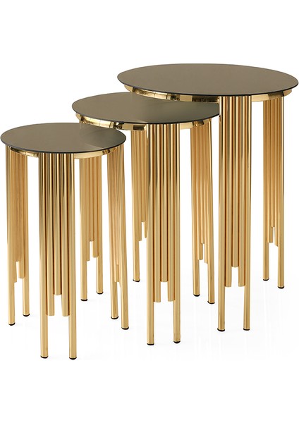Sütun Yuvarlak Zigon Sehpa Bronz Cam 3'lü Set, Gold Metal Ayak