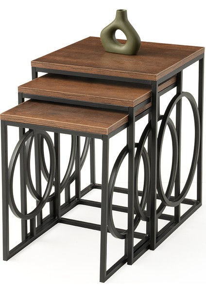 Zero Zigon Sehpa Barok Ceviz Desen 3'lü Set, Siyah Metal Ayak, Iç Içe Geçebilir