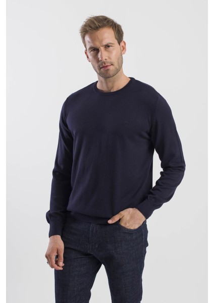 Lacivert Slim Fit Bisiklet Yaka Triko