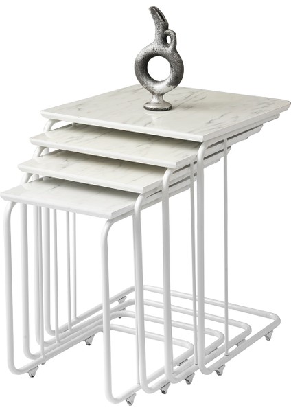 C Highgloss Zigon Sehpa Marmo Desen 4'lü Set, Tekerli Beyaz Metal Ayak, Iç Içe Geçebilir
