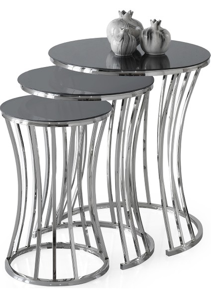 Duru Yuvarlak Zigon Sehpa Füme Cam 3'lü Set, Krom Metal Ayak, Iç Içe Geçebilir