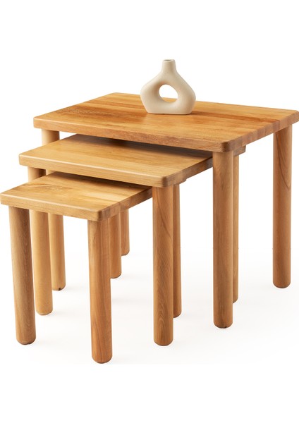 Avanas Zigon Sehpa Naturel Renk 3'lü Set, Naturel Ahşap Ayak, Iç Içe Geçebilir
