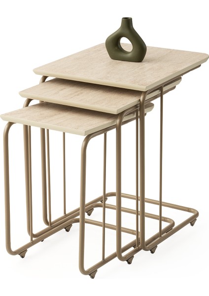 C Mdf Zigon Sehpa Sidon Desen 3'lü Set, Tekerli Cappicino Metal Ayak, Iç Içe Geçebilir