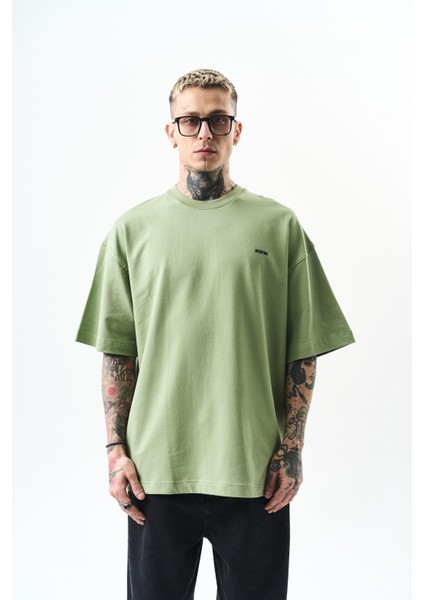 Erkek Respire Yazı Detaylı Oversize T-Shirt Yağ Yeşili