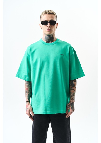 Erkek Respire Yazı Detaylı Oversize T-Shirt Yeşil