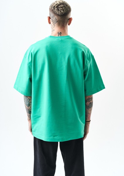 Erkek Respire Yazı Detaylı Oversize T-Shirt Yeşil modelleri