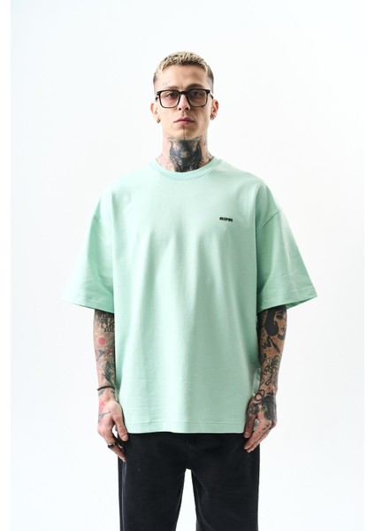 Erkek Respire Yazı Detaylı Oversize T-Shirt Su Yeşili