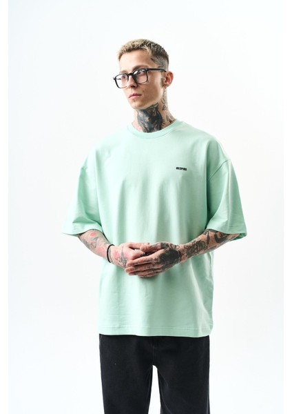 Erkek Respire Yazı Detaylı Oversize T-Shirt Su Yeşili fiyatları