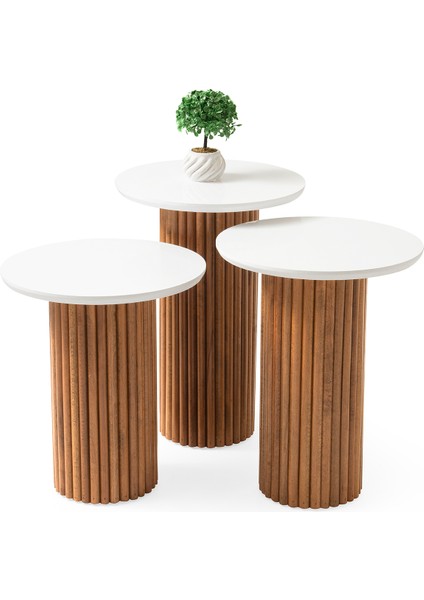 Oslo Yuvarlak Cilalı Mdf Zigon Sehpa Beyaz Renk Tabla 3'lü Set, Naturel Ahşap Ayak