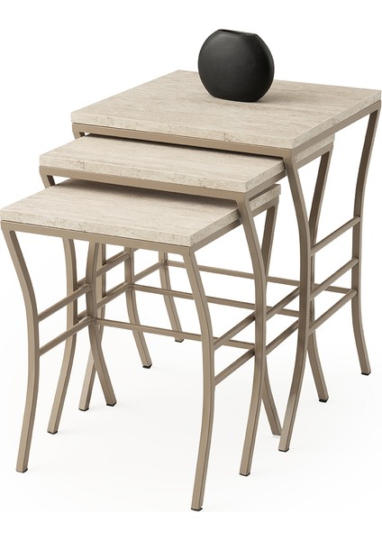 Eyfel Zigon Sehpa Sidon Desen 3'lü Set, Cappicino Metal Ayak, Iç Içe Geçebilir