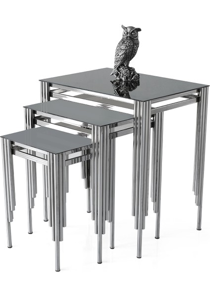 Kare Sütün Zigon Sehpa Füme Cam 3'lü Set, Krom Metal Ayak, Iç Içe Geçebilir