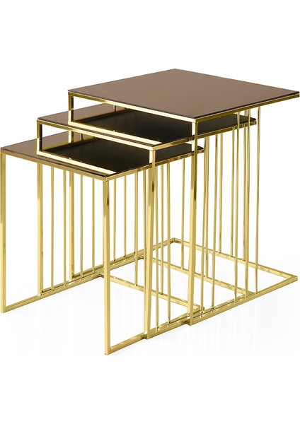 Linda Zigon Sehpa Bronz Cam 3'lü Set, Gold Metal Ayak, Iç Içe Geçebilir