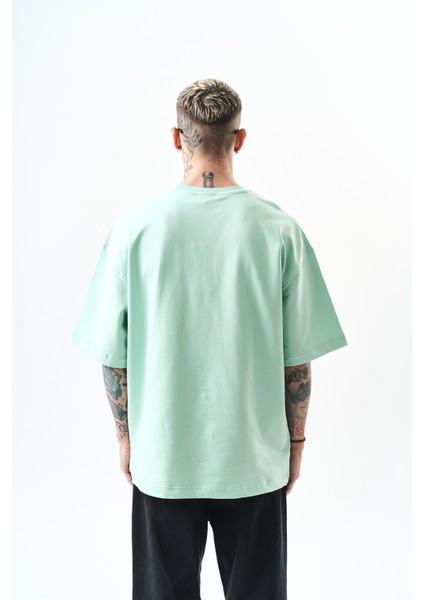 Erkek Respire Yazı Detaylı Oversize T-Shirt Su Yeşili modelleri