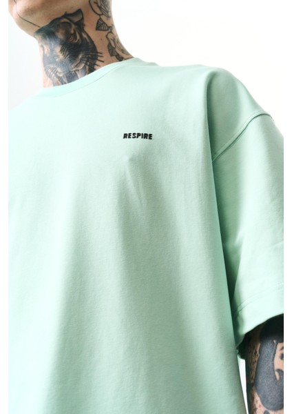 Erkek Respire Yazı Detaylı Oversize T-Shirt Su Yeşili fırsatları