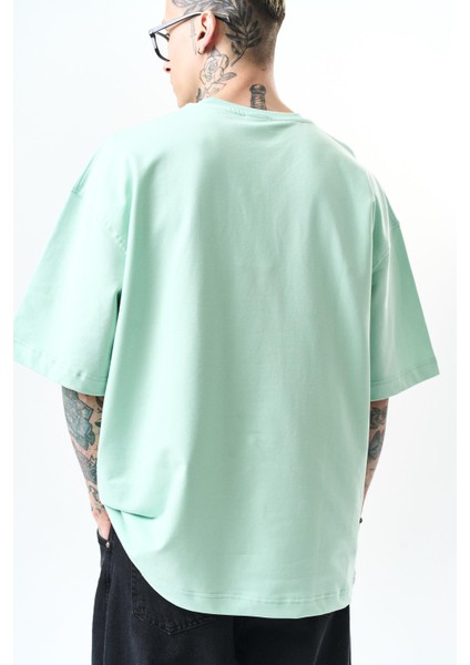 Erkek Respire Yazı Detaylı Oversize T-Shirt Su Yeşili indirimleri