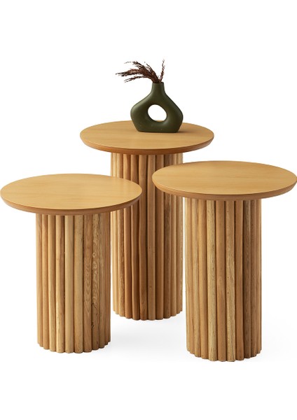 Oslo Yuvarlak Cilalı Mdf Zigon Sehpa Naturel Renk Tabla 3'lü Set, Naturel Ahşap Ayak