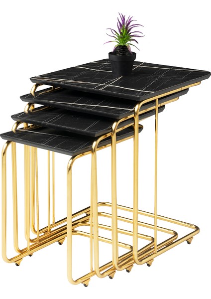 C Highgloss Zigon Sehpa Sonata Desen 4'lü Set, Tekerli Gold Metal Ayak, Iç Içe Geçebilir