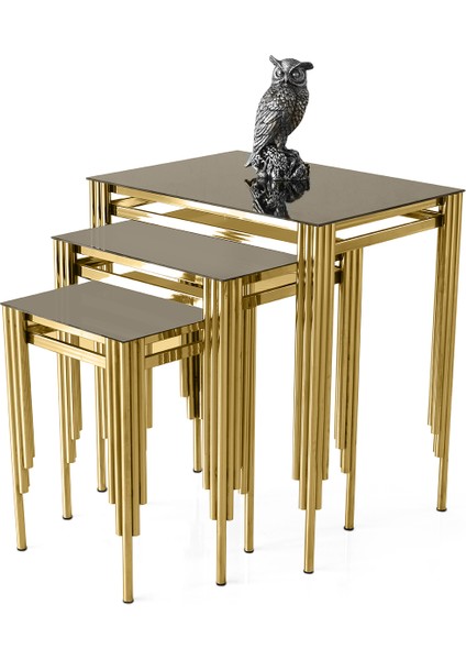 Kare Sütün Zigon Sehpa Bronz Cam 3'lü Set, Gold Metal Ayak, Iç Içe Geçebilir