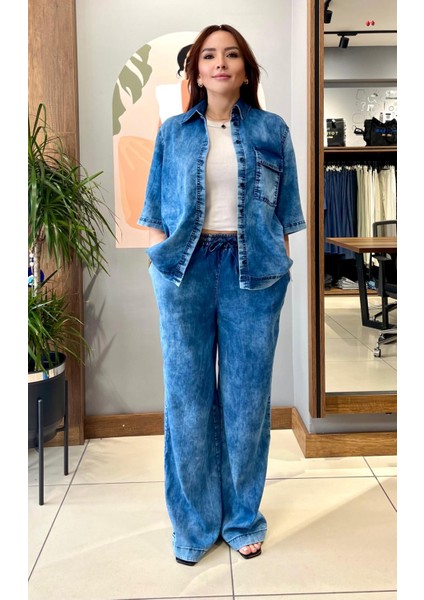 Pamuklu Tensel Kot Kumaş Takım Kısa Kol Gömlek & Beli Lastikli Pantolon. modelleri
