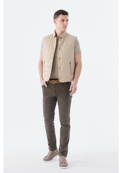 Bej Hakim Yaka Elyaflı Slim Fit Yelek
