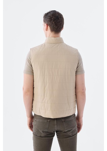 Bej Hakim Yaka Elyaflı Slim Fit Yelek