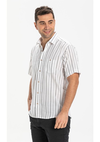 Büyük Beden Kısa Kol Şile Bezi Tek Cepli Erkek Gömlek Beyaz Siyah Çizgili