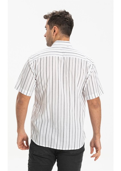 Büyük Beden Kısa Kol Şile Bezi Tek Cepli Erkek Gömlek Beyaz Siyah Çizgili fiyatları