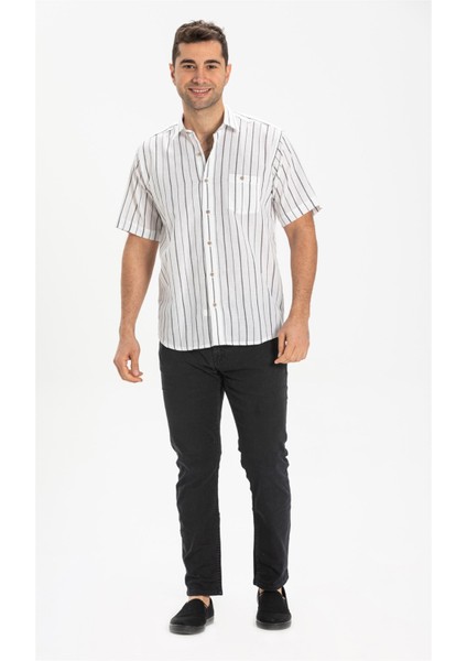 Büyük Beden Kısa Kol Şile Bezi Tek Cepli Erkek Gömlek Beyaz Siyah Çizgili modelleri