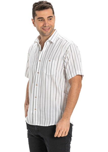 Büyük Beden Kısa Kol Şile Bezi Tek Cepli Erkek Gömlek Beyaz Siyah Çizgili indirimleri