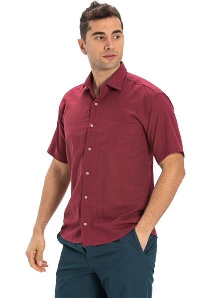 Büyük Beden Kısa Kol Tek Cepli Erkek Gömlek Koyu Bordo 3068 indirimleri