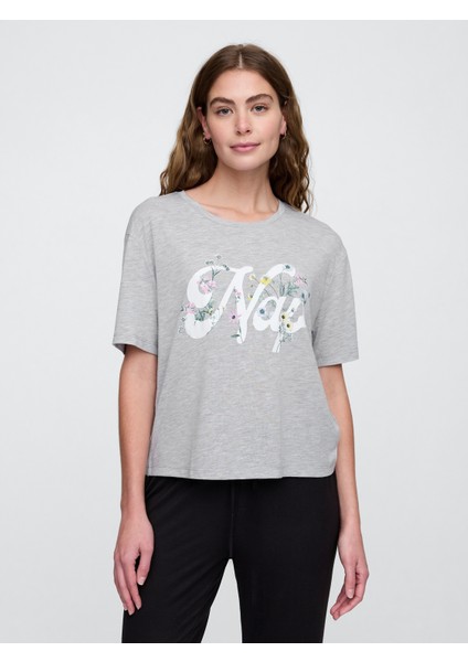 Kadın Gri Relaxed Grafikli Pijama Üstü