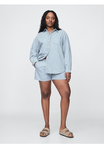 Kadın Açık Mavi Mid Rise Denim Boxer Şort indirimleri