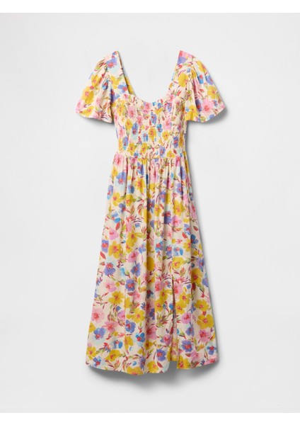 Kadın Çok Renkli Çiçek Desenli Büzgülü Midi Elbise fiyatları
