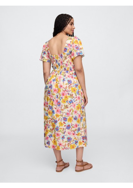 Kadın Çok Renkli Çiçek Desenli Büzgülü Midi Elbise modelleri