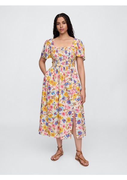 Kadın Çok Renkli Çiçek Desenli Büzgülü Midi Elbise fırsatları