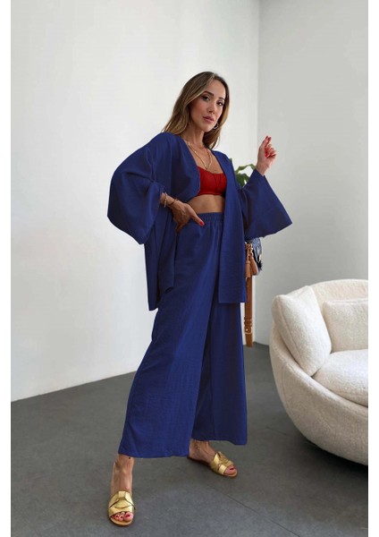 Barbora Keten Kadın Salaş Kimono Ikili Takim LN29LACIVERT3