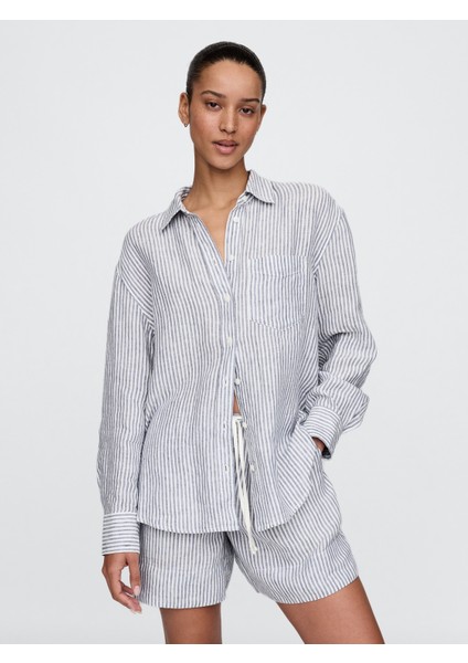 Kadın Mavi %100 Keten Relaxed Gömlek