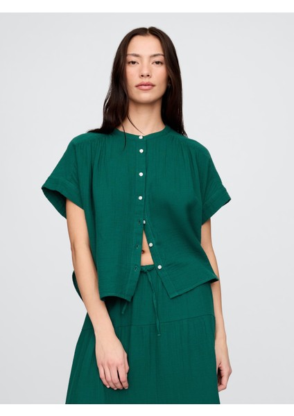 Kadın Yeşil Crinkle Gauze Gömlek