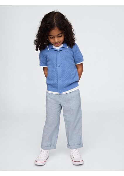Erkek Bebek Mavi Keten Pamuk Karışımlı Pull-On Pantolon