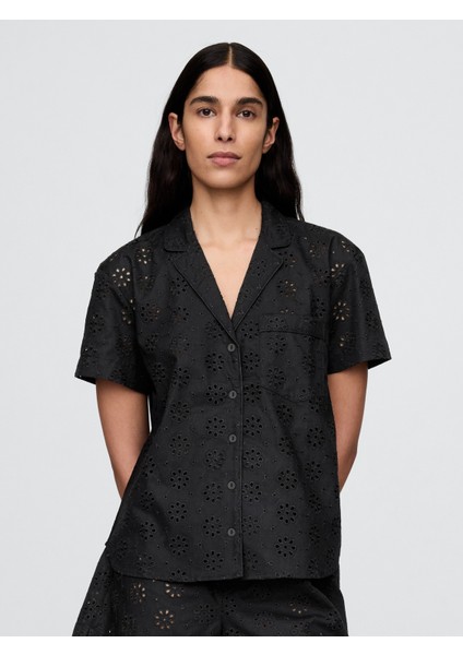 Kadın Siyah Eyelet Poplin Pijama Üstü