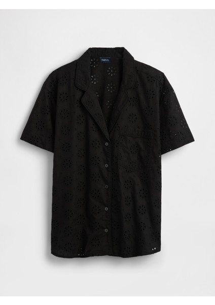 Kadın Siyah Eyelet Poplin Pijama Üstü