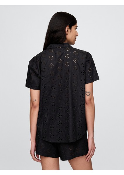 Kadın Siyah Eyelet Poplin Pijama Üstü